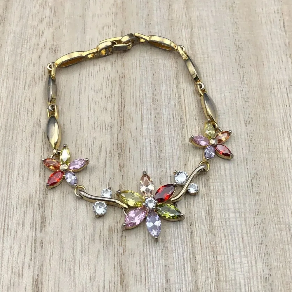Multi Color Crystal Bracelet 6.5 inch Rhinestone Flower Link Leaf Vine Gold Tone - Picture 5 of 10